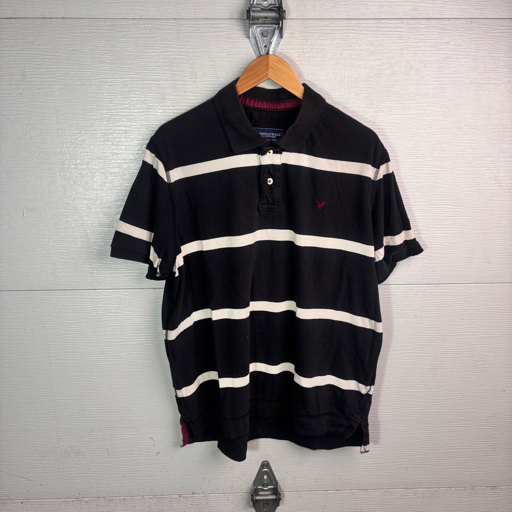 American Eagle Striped Polo XL Black White Rugby Preppy Y2K Style